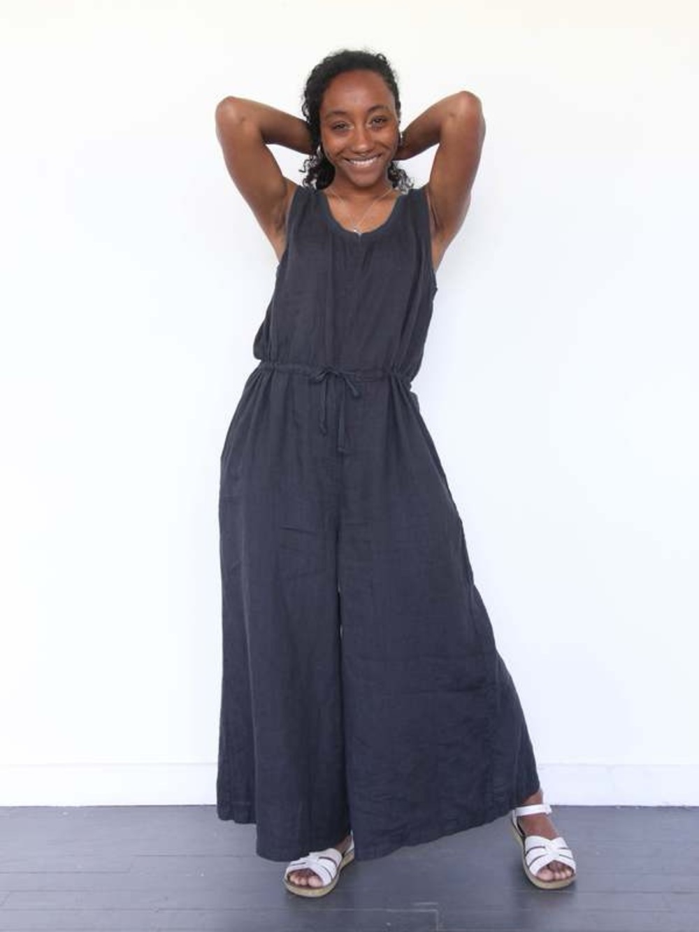 Flax Sleeveless Black Linen-Blend Maxi Jumper with Drawstring Waist